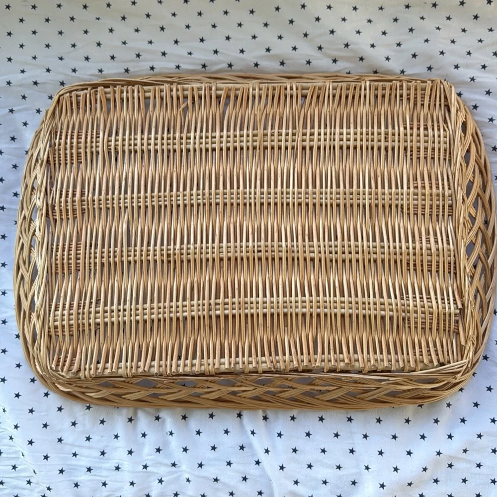 Vintage Wicker Set of 2 Woven Rectangular Baskets / Bread / Fruit Tray Light Tan